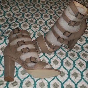 SOLD! Faux suede  multi strap chunky heels